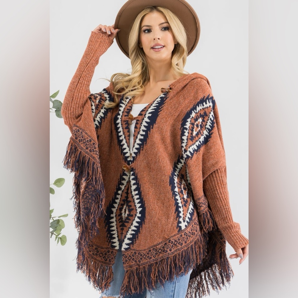 Stylish Brown and Navy Poncho with Fringe